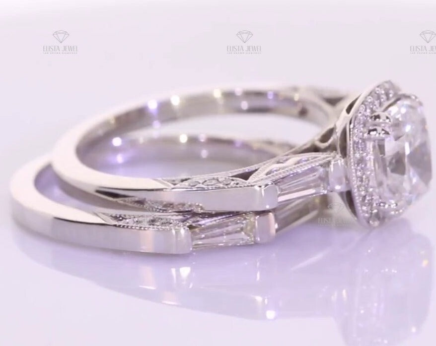 Baguette Cut Matching Band With Cushion Cut Halo Ring Set