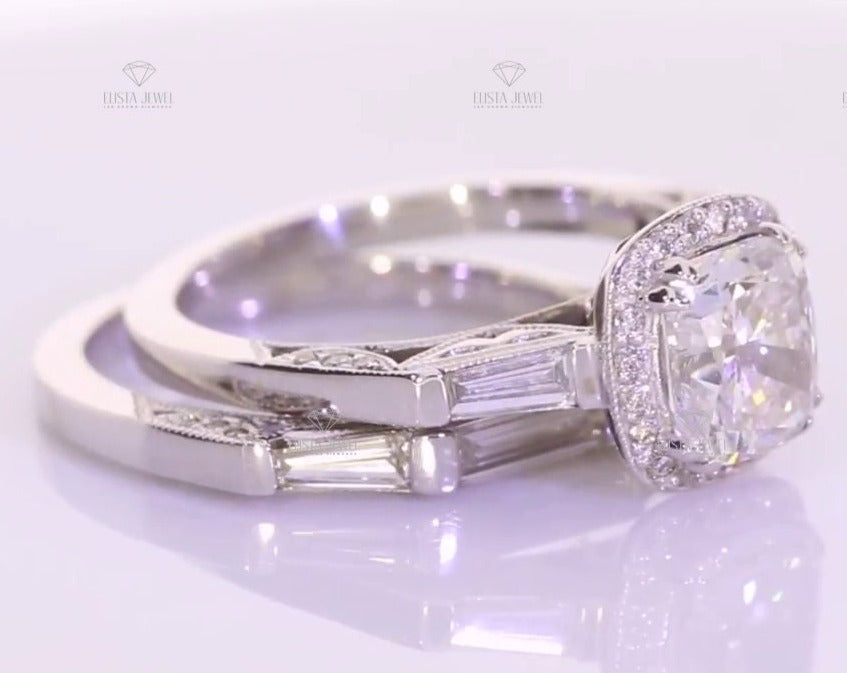 Baguette Cut Matching Band With Cushion Cut Halo Ring Set