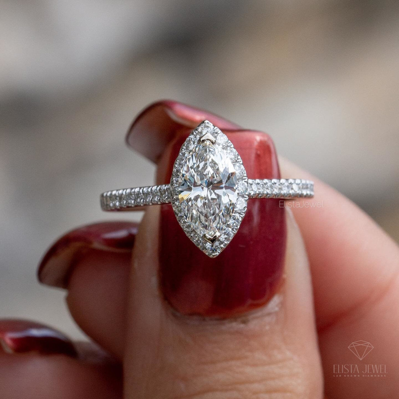 Marquise Cut Halo Accent Engagement Ring