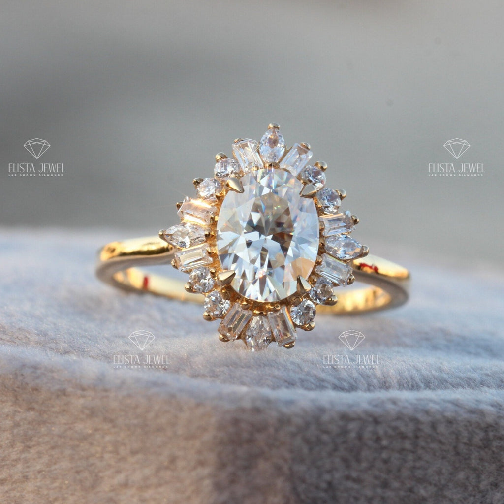 Oval Cut Diamond Halo Engagement Ring In 14K Solid Yellow Gold
