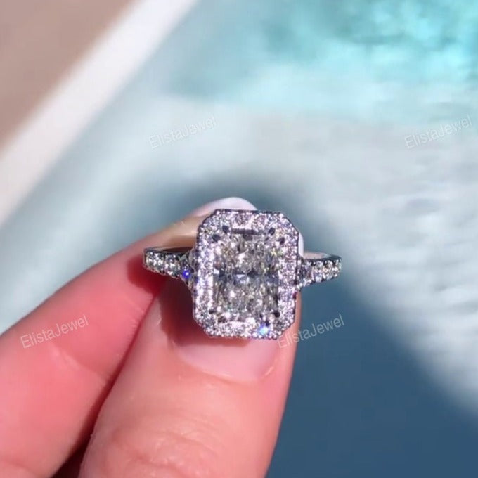 Radiant Cut Halo Accent Engagement Ring