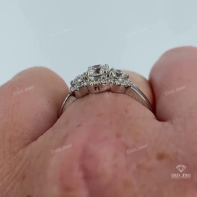 Round Cut Three Stone Halo Wedding Ring