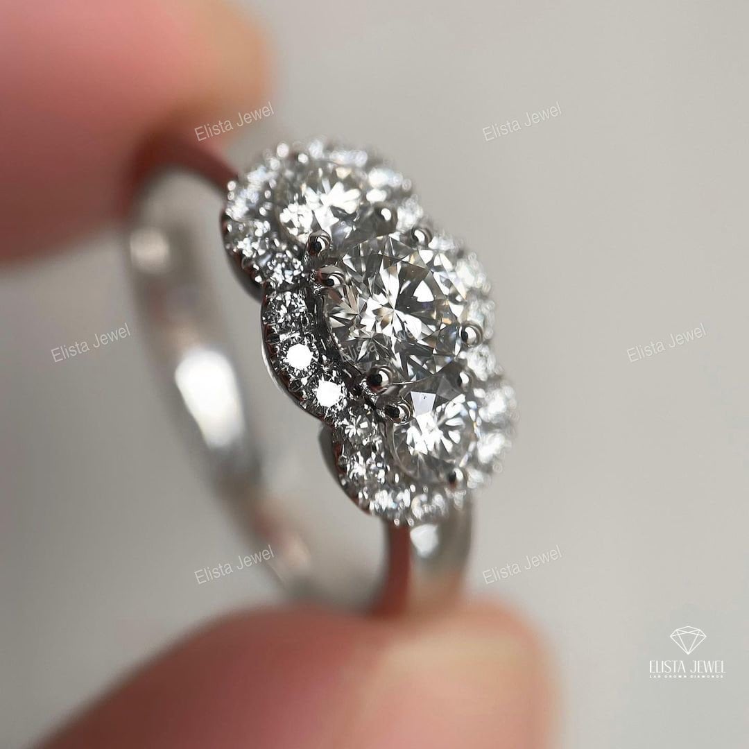 Round Cut Three Stone Halo Wedding Ring