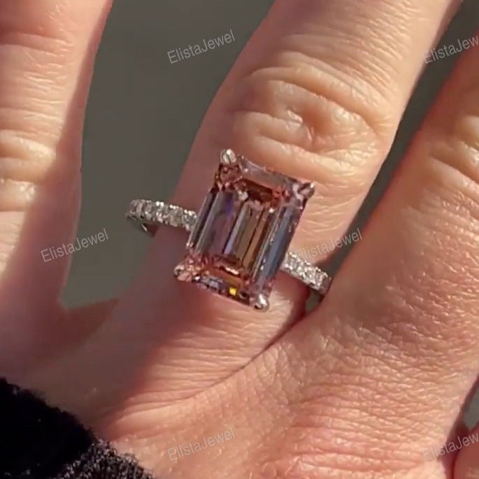 Pink Emerald Cut Hidden Halo Wedding Ring
