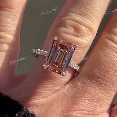 Pink Emerald Cut Hidden Halo Wedding Ring