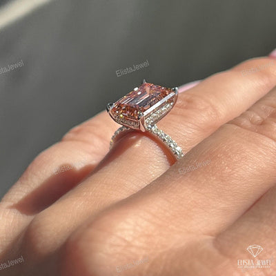 Pink Emerald Cut Hidden Halo Wedding Ring