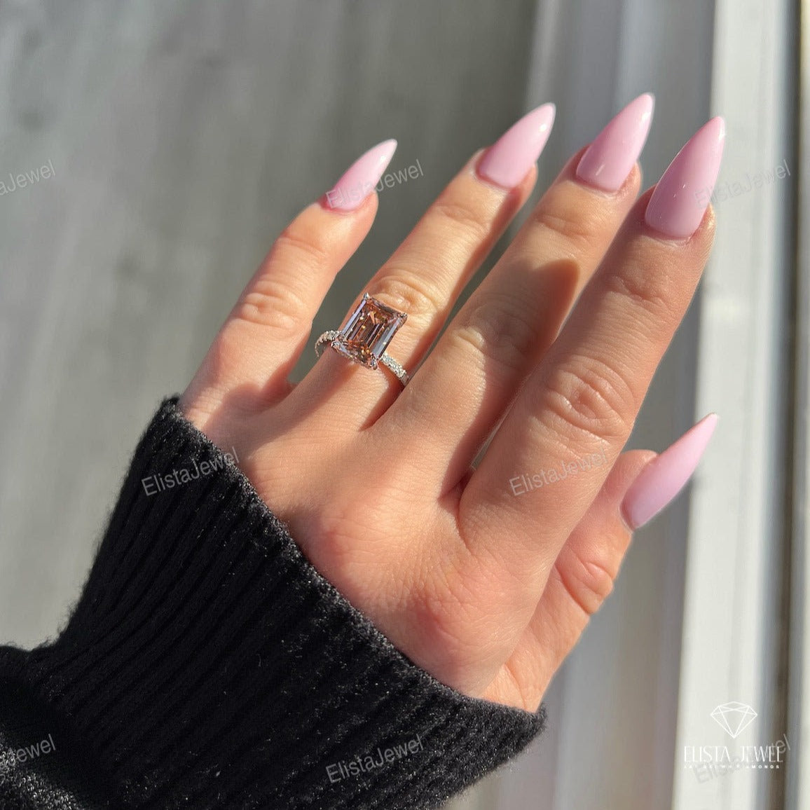 Pink Emerald Cut Hidden Halo Wedding Ring