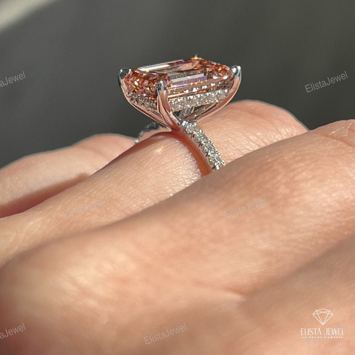 Pink Emerald Cut Hidden Halo Wedding Ring
