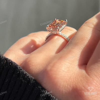 Pink Emerald Cut Hidden Halo Wedding Ring