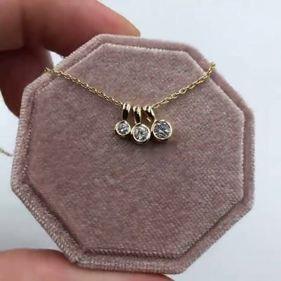 Three Stone Bezel Set Lab Grown Diamond Charm Necklace, Minimalist Classic Brilliant Round Cut Diamond Necklace, Anniversary Gift For Her