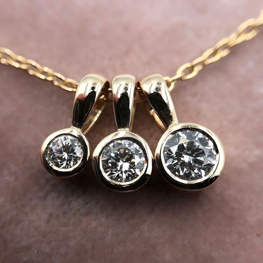 Three Stone Bezel Set Lab Grown Diamond Charm Necklace, Minimalist Classic Brilliant Round Cut Diamond Necklace, Anniversary Gift For Her