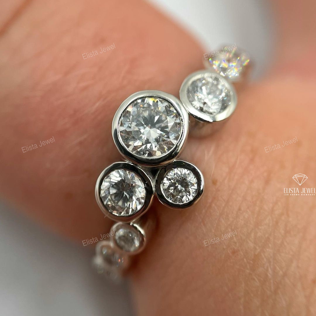 Unique Round Diamond Bezel Set Cluster Wedding Band.