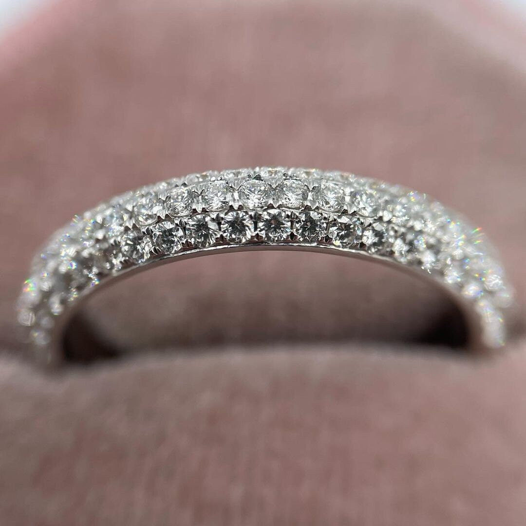 Three Sided Pave Lab Grown Diamond Half Eternity Wedding Band Made In White Gold, Stacking Ring, Wedding Band Anniversary Gift For Her