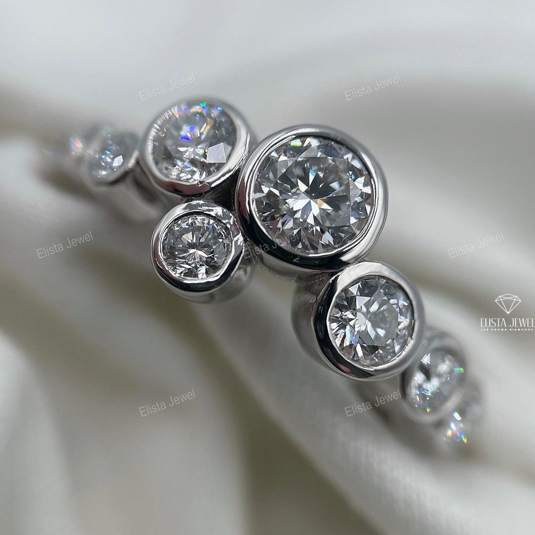 Unique Round Diamond Bezel Set Cluster Wedding Band.