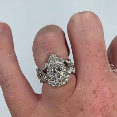 Curve Matching Band With Pear Accent Halo Ring Set