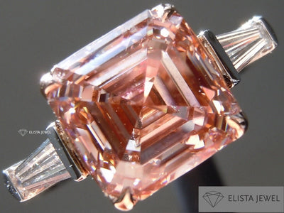 Orangey Pink Asscher Cut Three Stone Ring