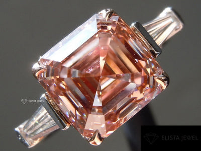 Orangey Pink Asscher Cut Three Stone Ring