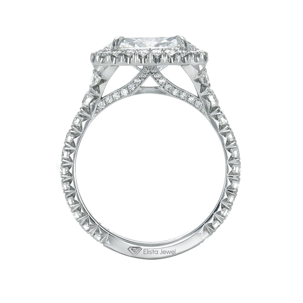 East West Oval Diamond Solitaire Halo Four Claw Prong Accent Ring