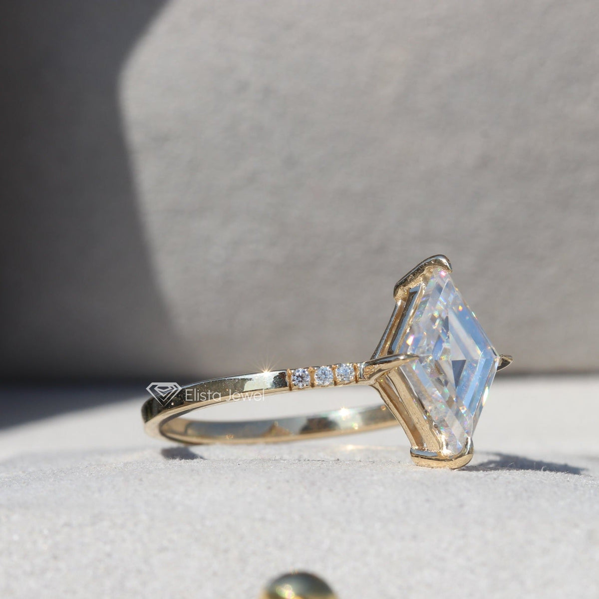 Kite Cut Accent Engagement Lab Grown Diamond Ring in 14K Rose Gold - Detail View