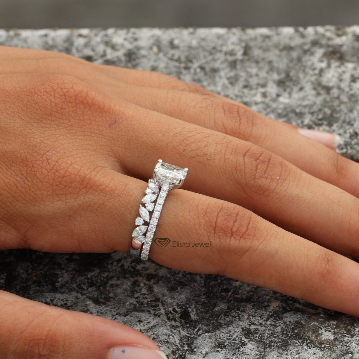 Marquise Accent Wedding Set With Center Radiant Diamond Ring in 14K - Side View