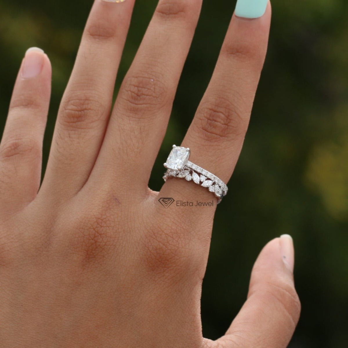 Marquise Accent Wedding Set With Center Radiant Diamond Ring in Platinum - Top View