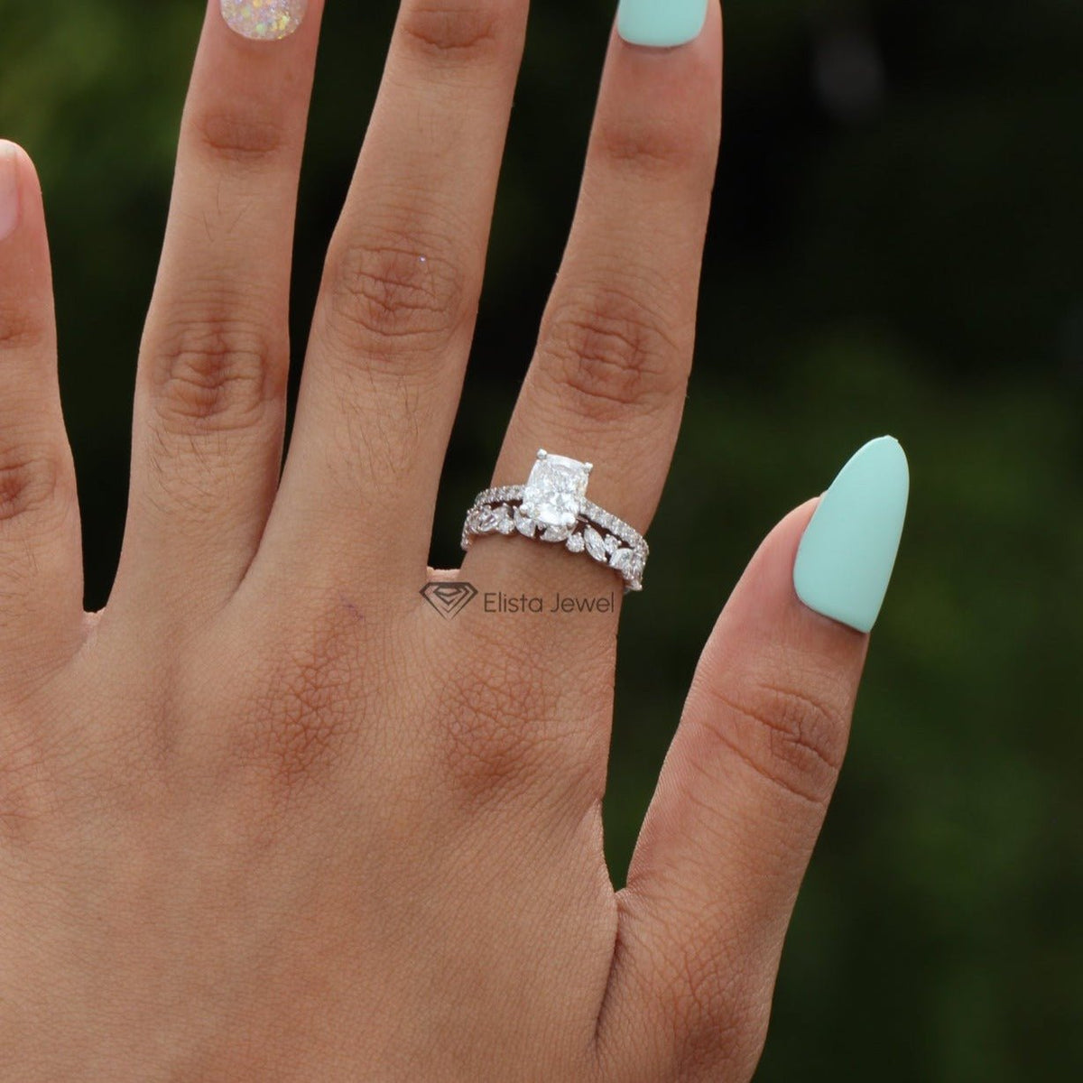 Marquise Accent Wedding Set With Center Radiant Diamond Ring - Detail View