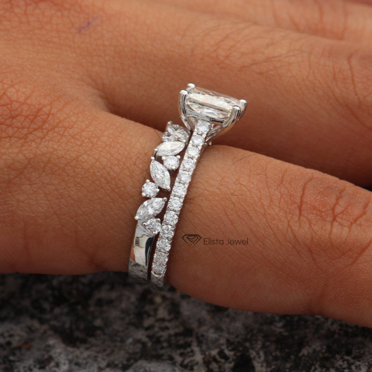 Marquise Accent Wedding Set With Center Radiant Diamond Ring in 18K - Angled View