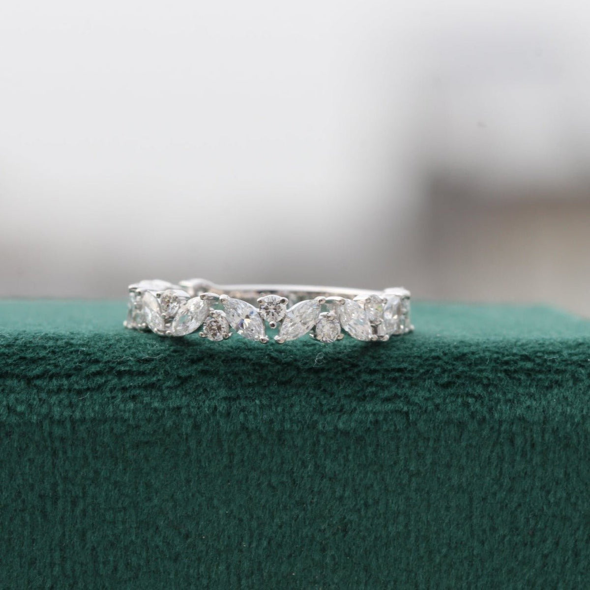 Marquise And Round Cut Wedding Lab Grown Diamond Band in 18K - Angled View