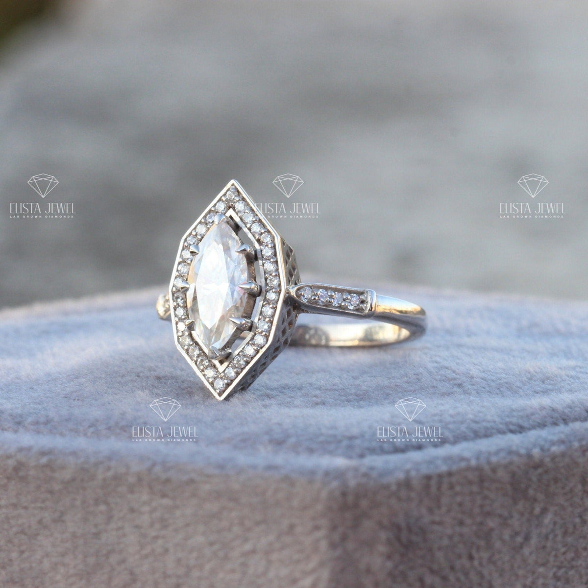 Marquise Cut Accent Engagement Lab Grown Diamond Ring in Platinum - Top View