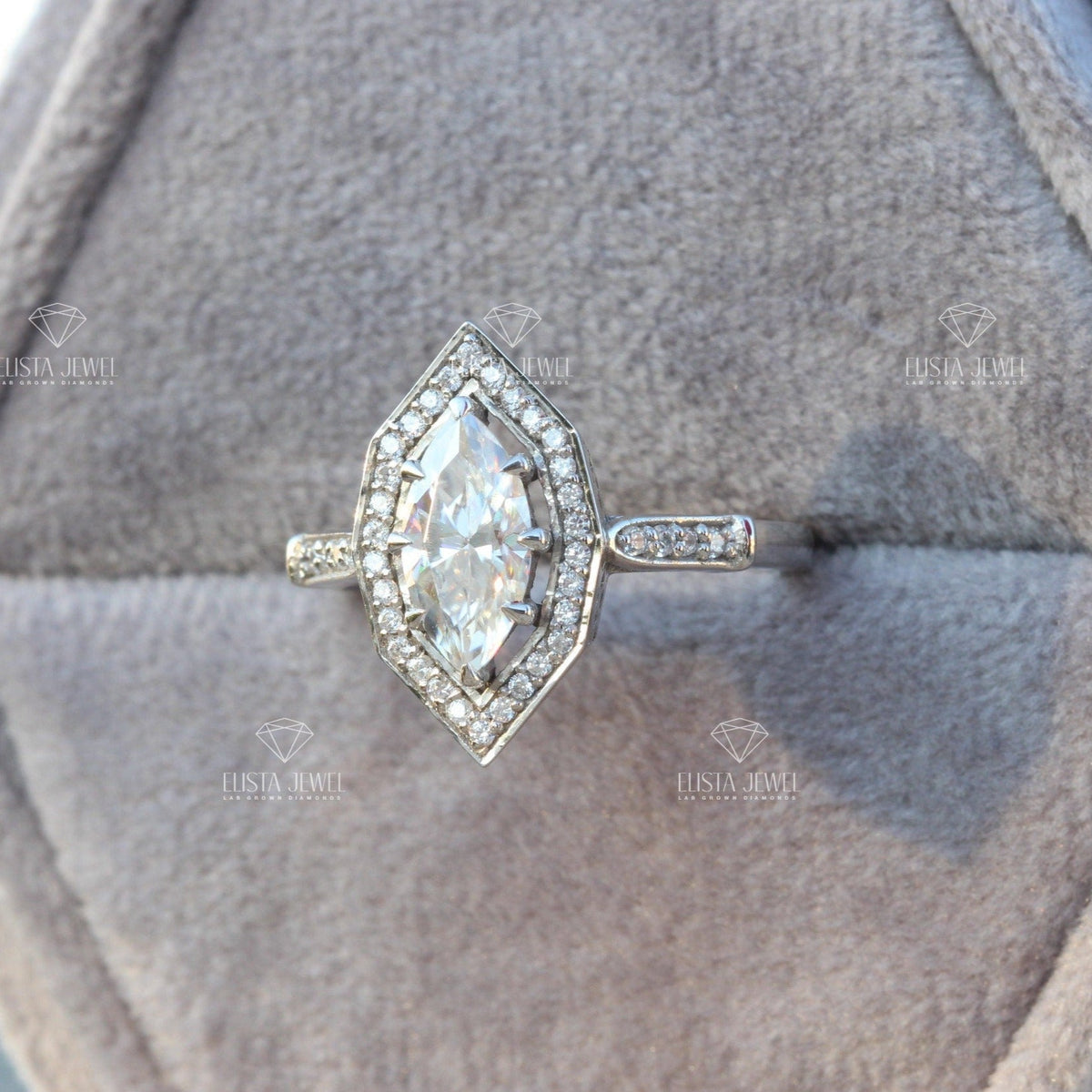 Marquise Cut Accent Engagement Lab Grown Diamond Ring - Close-up View