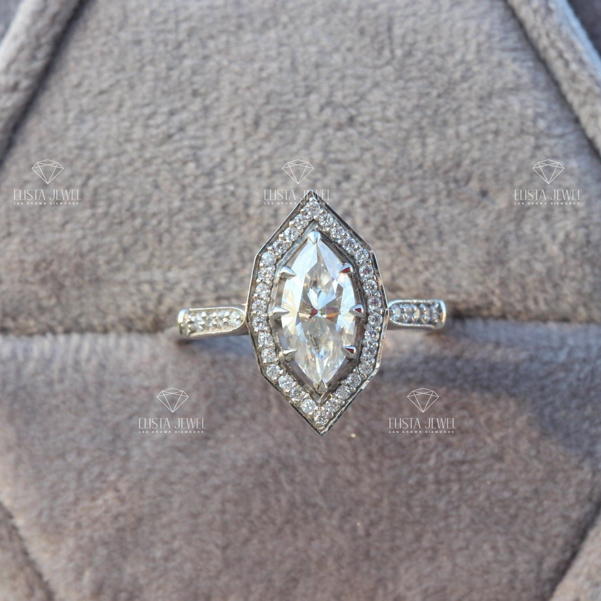 Marquise Cut Accent Engagement Lab Grown Diamond Ring in 14K - Side View