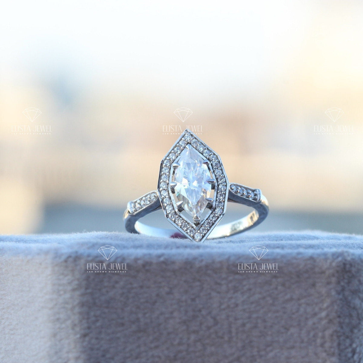 Marquise Cut Accent Engagement Lab Grown Diamond Ring in 18K - Angled View