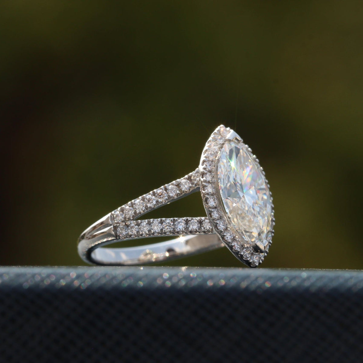Marquise Cut Halo Engagement Lab Grown Diamond Ring - Close-up View