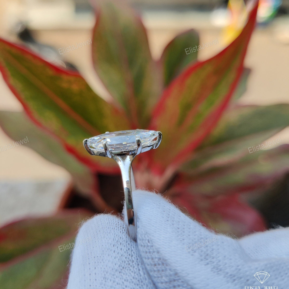 Marquise Split Shank Solitaire Lab Grown Diamond Ring in 18K - Angled View