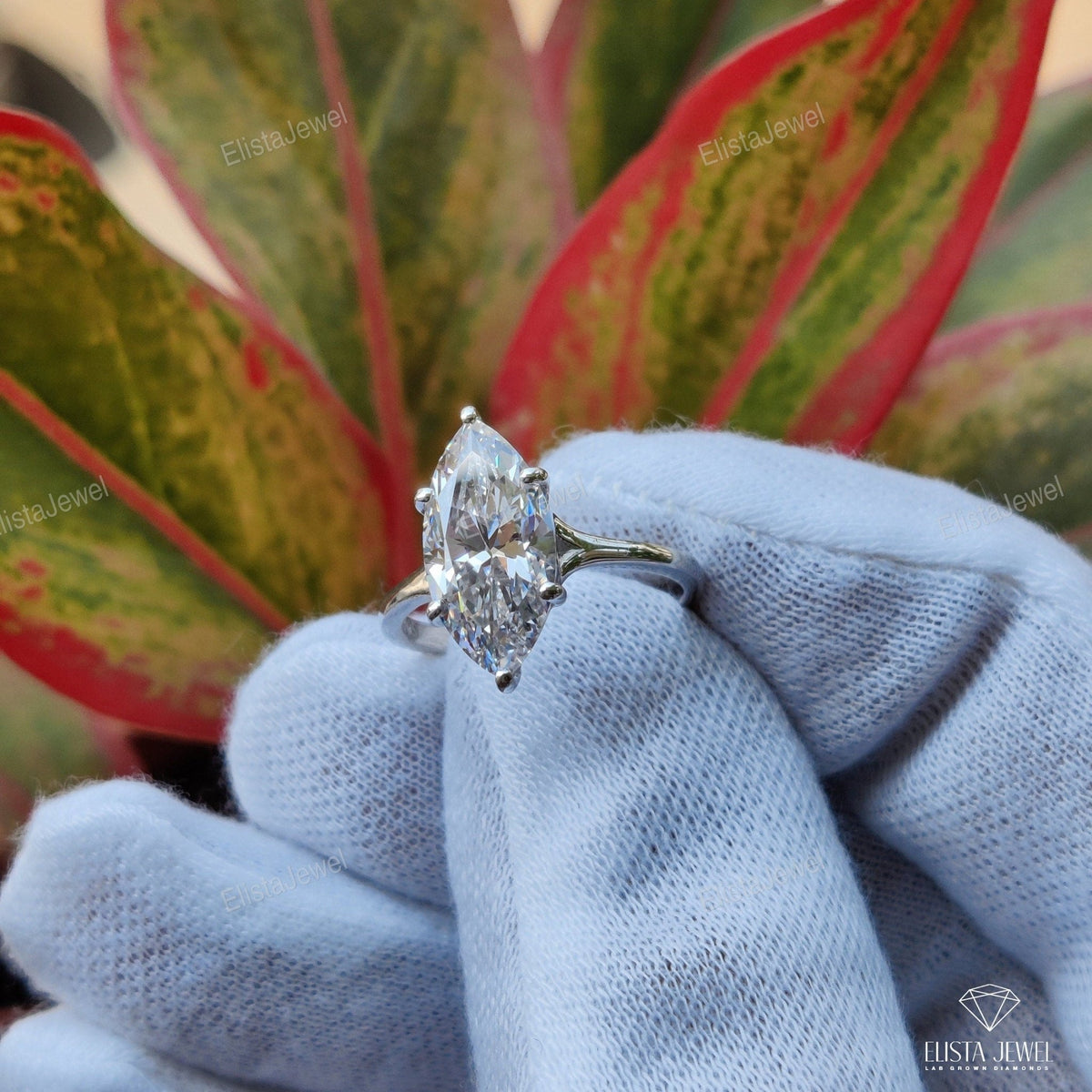 Marquise Split Shank Solitaire Lab Grown Diamond Ring - Profile View