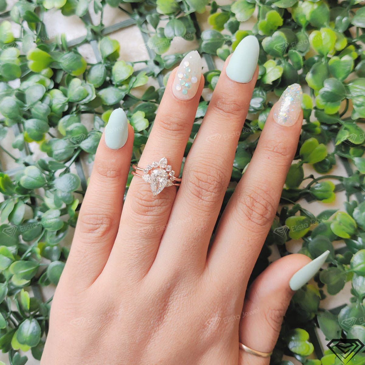 Matching Lab Grown Diamond Band With Pear Three Stone Lab Grown Diamond Ring Set - Profile View
