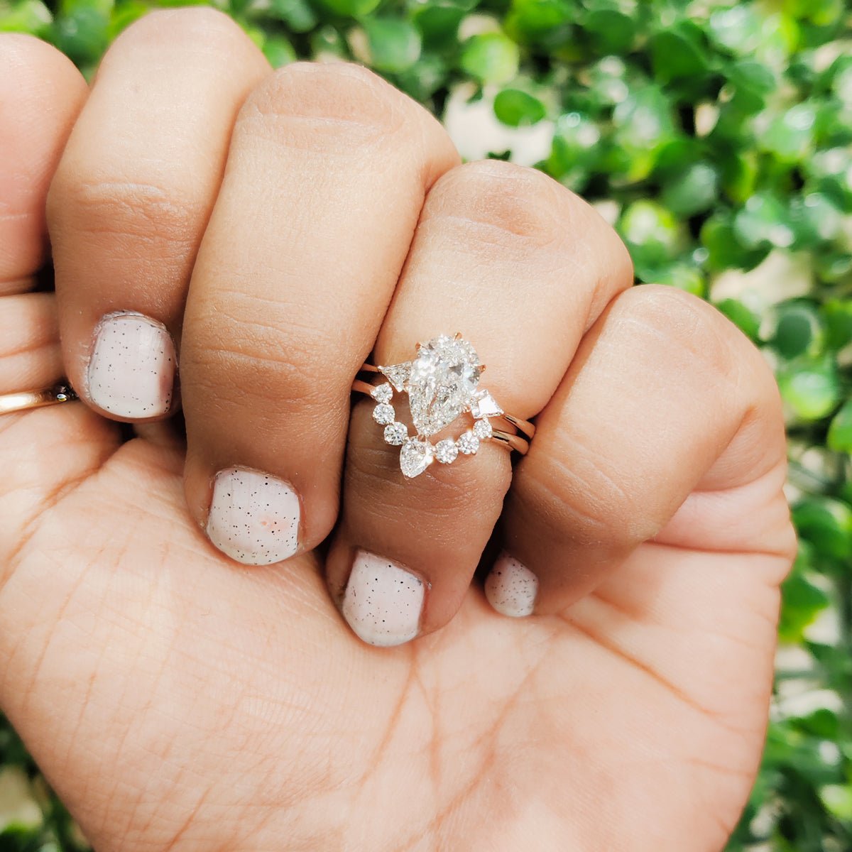 Matching Lab Grown Diamond Band With Pear Three Stone Lab Grown Diamond Ring Set in 14K - Side View