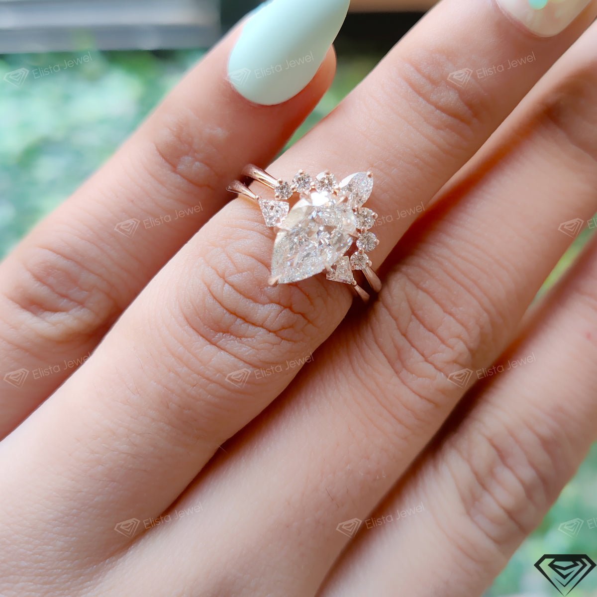 Matching Lab Grown Diamond Band With Pear Three Stone Lab Grown Diamond Ring Set - Close-up View