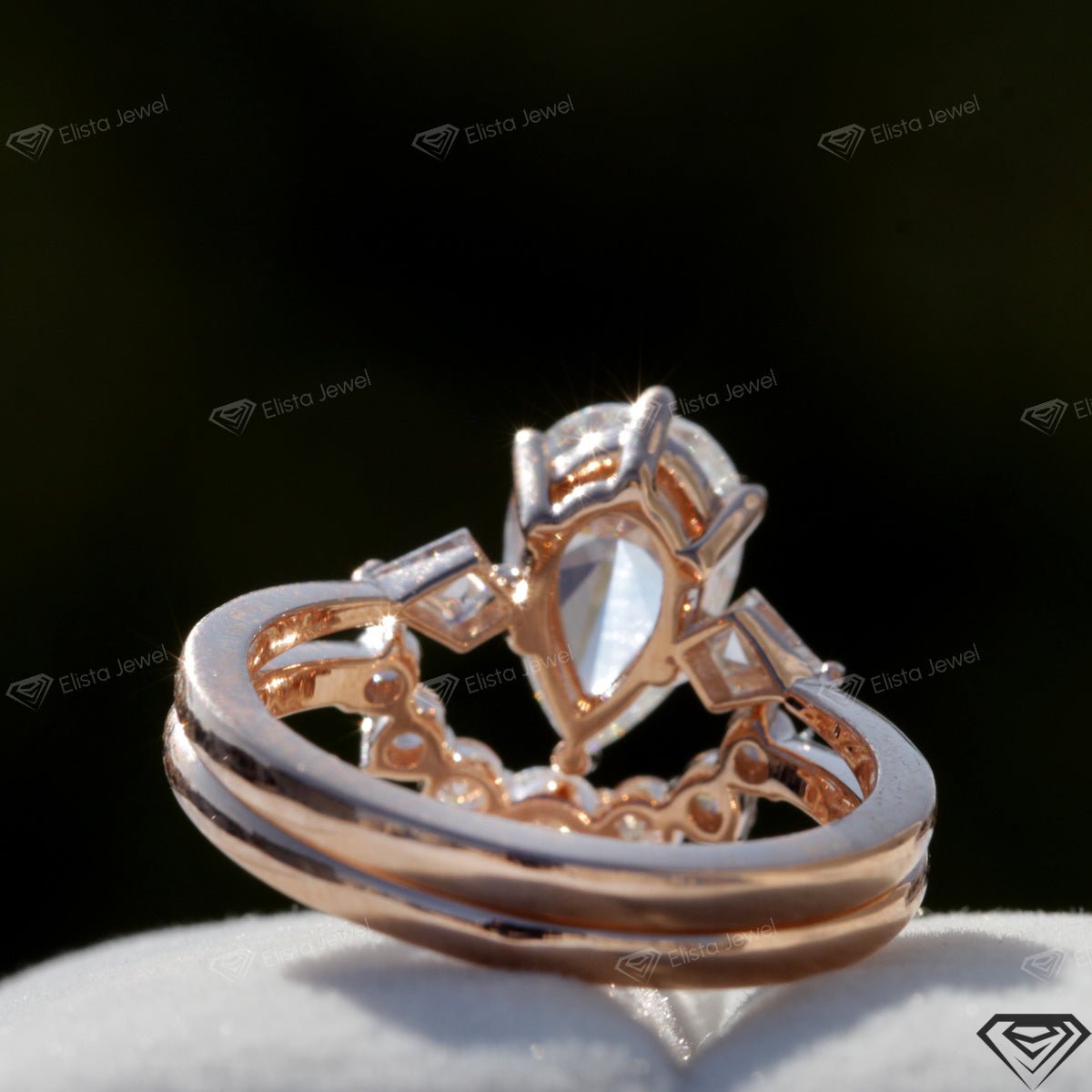 Matching Lab Grown Diamond Band With Pear Three Stone Lab Grown Diamond Ring Set in Platinum - Top View