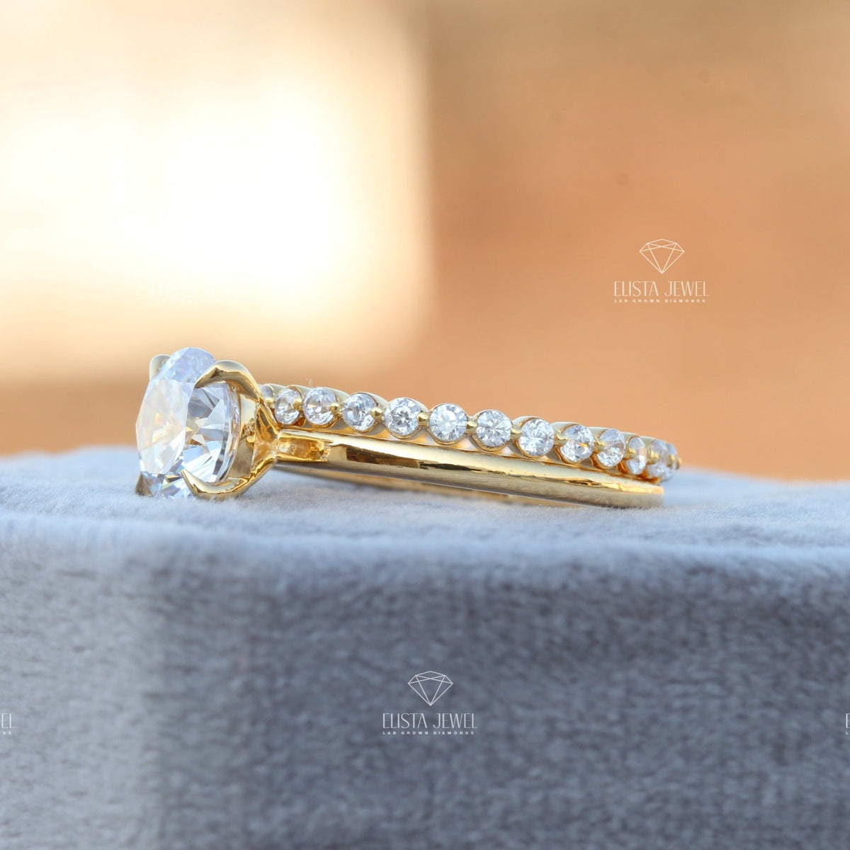 Matching Lab Grown Diamond Band With Round Solitaire Lab Grown Diamond Ring Set - Detail View