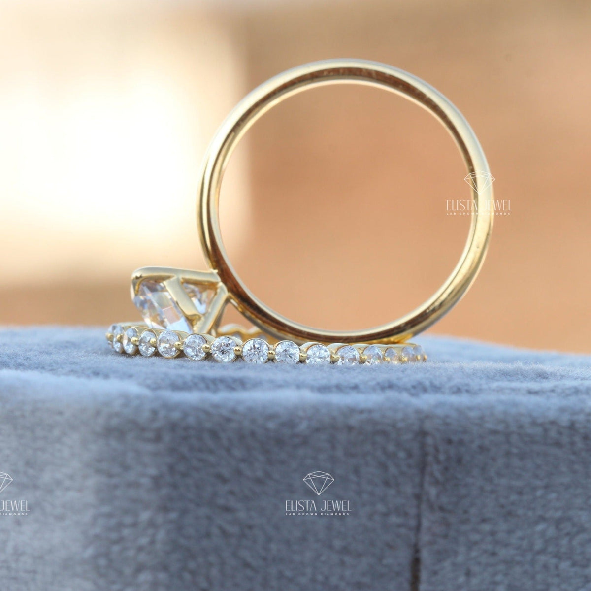 Matching Lab Grown Diamond Band With Round Solitaire Lab Grown Diamond Ring Set in Platinum - Top View