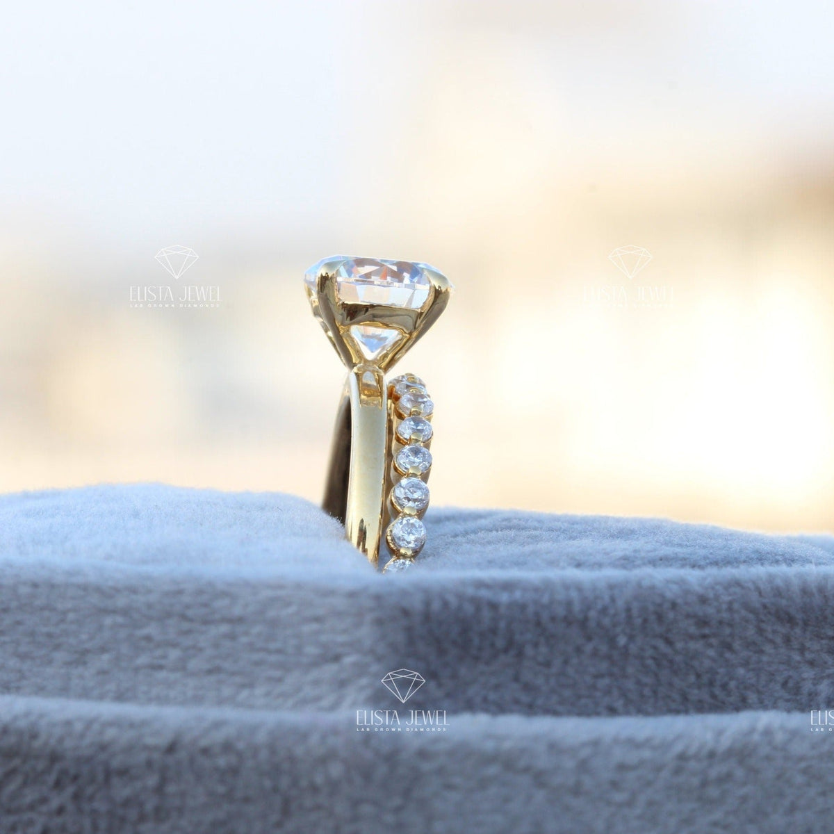 Matching Lab Grown Diamond Band With Round Solitaire Lab Grown Diamond Ring Set - Close-up View