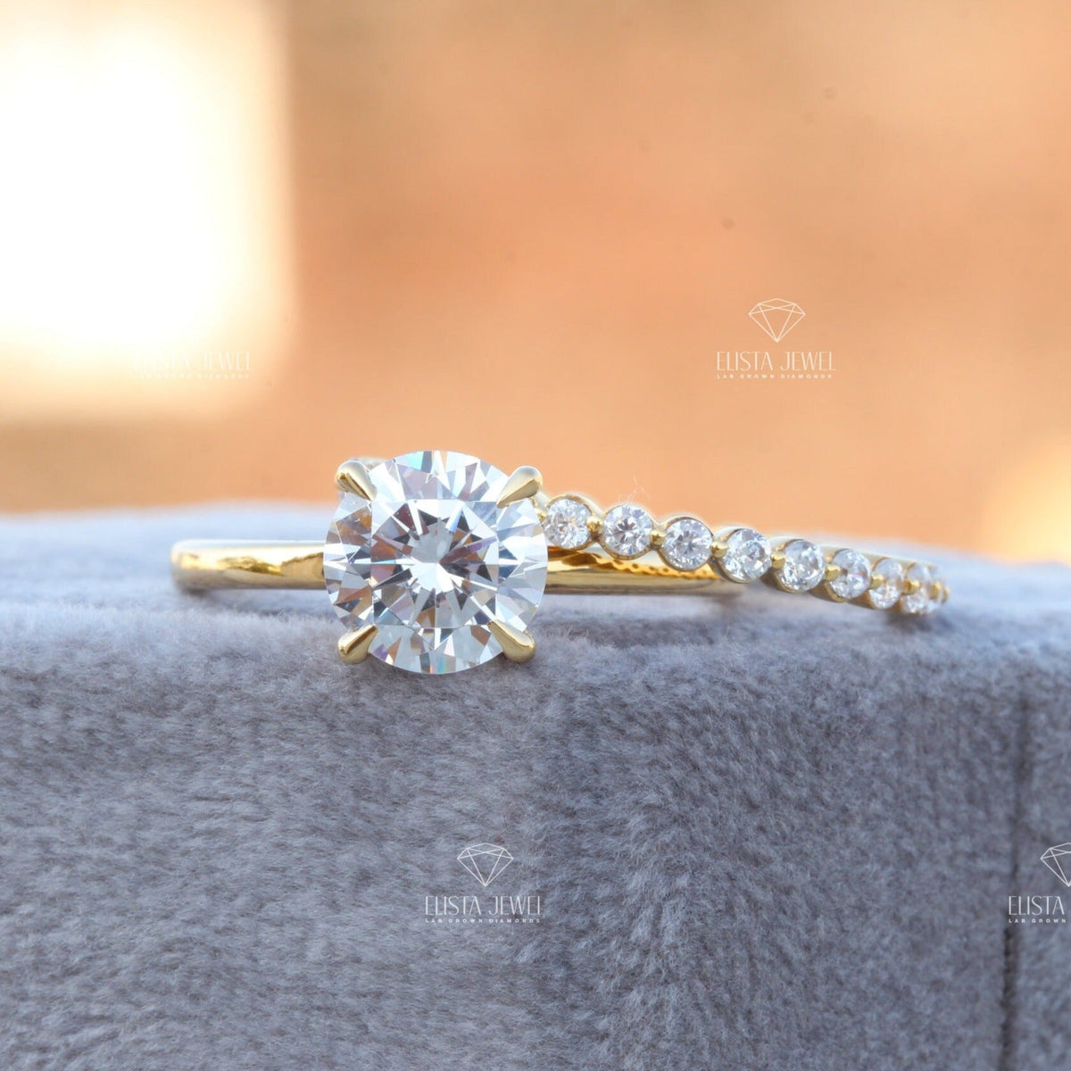 Matching Lab Grown Diamond Band With Round Solitaire Lab Grown Diamond Ring Set in 10K - Front View