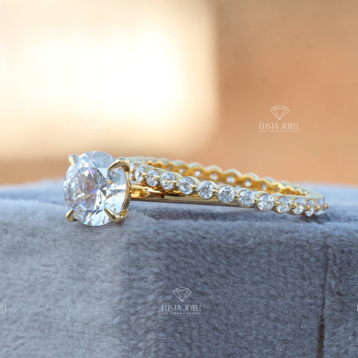 Matching Lab Grown Diamond Band With Round Solitaire Lab Grown Diamond Ring Set in 18K - Angled View