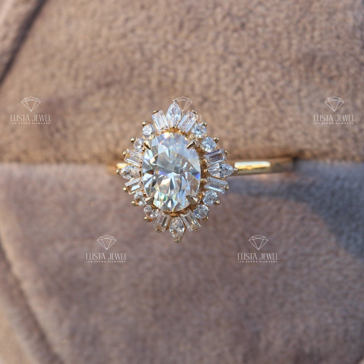 Oval Cut Halo Art Deco Lab Grown Diamond Ring - Close-up View