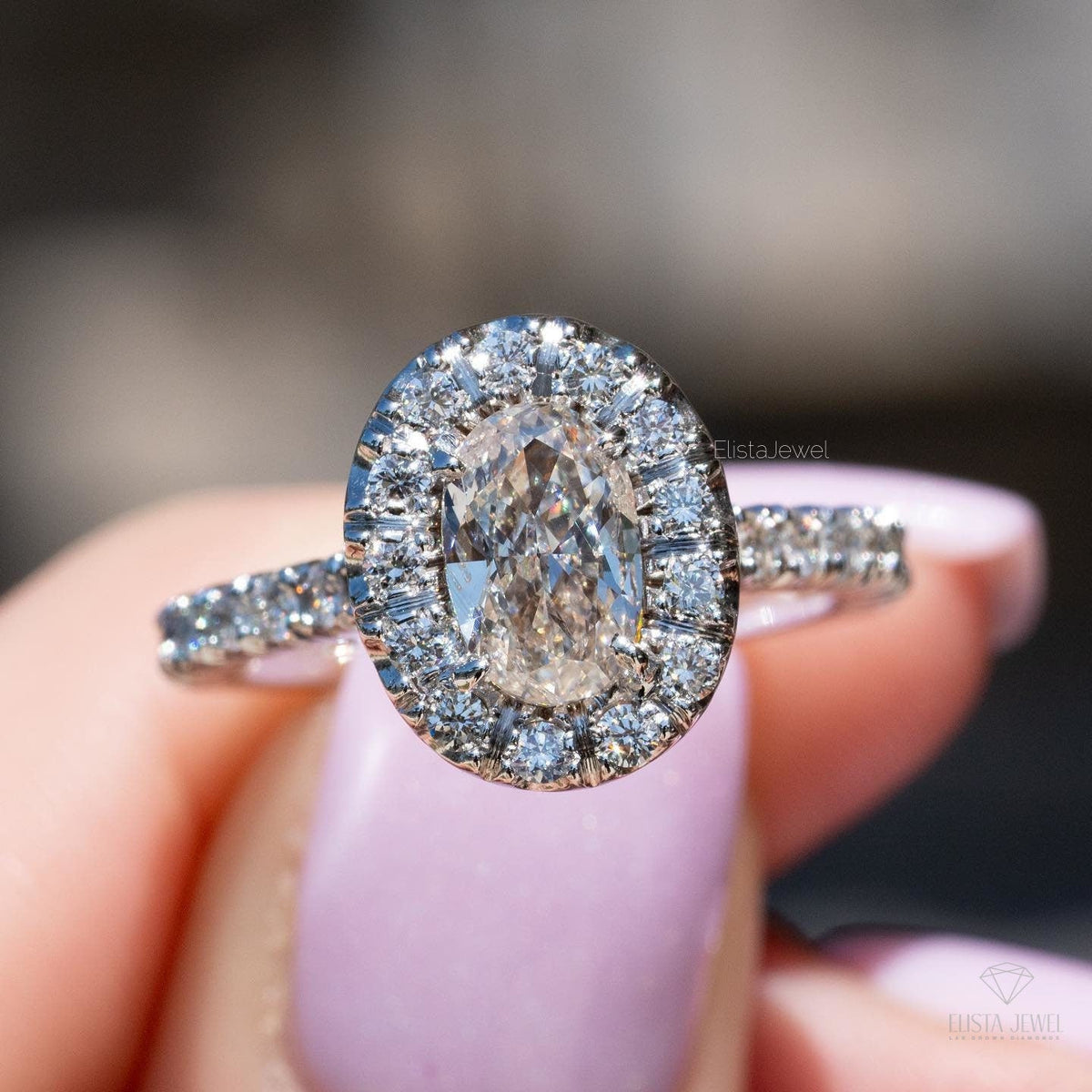 Oval Cut Halo Engagement Lab Grown Diamond Ring in 14K - Side View