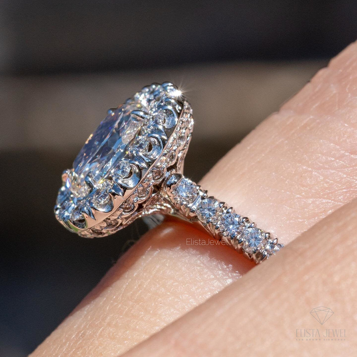Oval Cut Halo Engagement Lab Grown Diamond Ring in Platinum - Top View