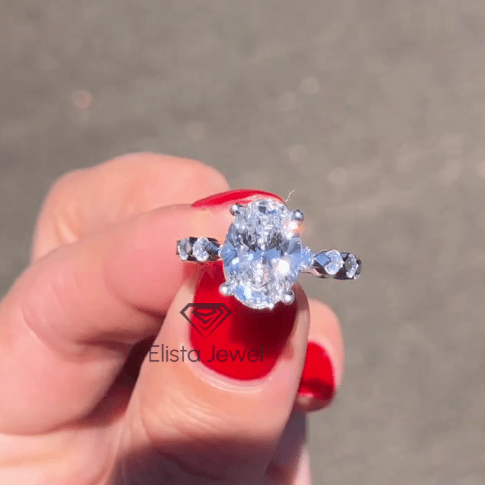 Oval Cut Hidden Halo Engagement Lab Grown Diamond Ring in 14K White Gold - Top View