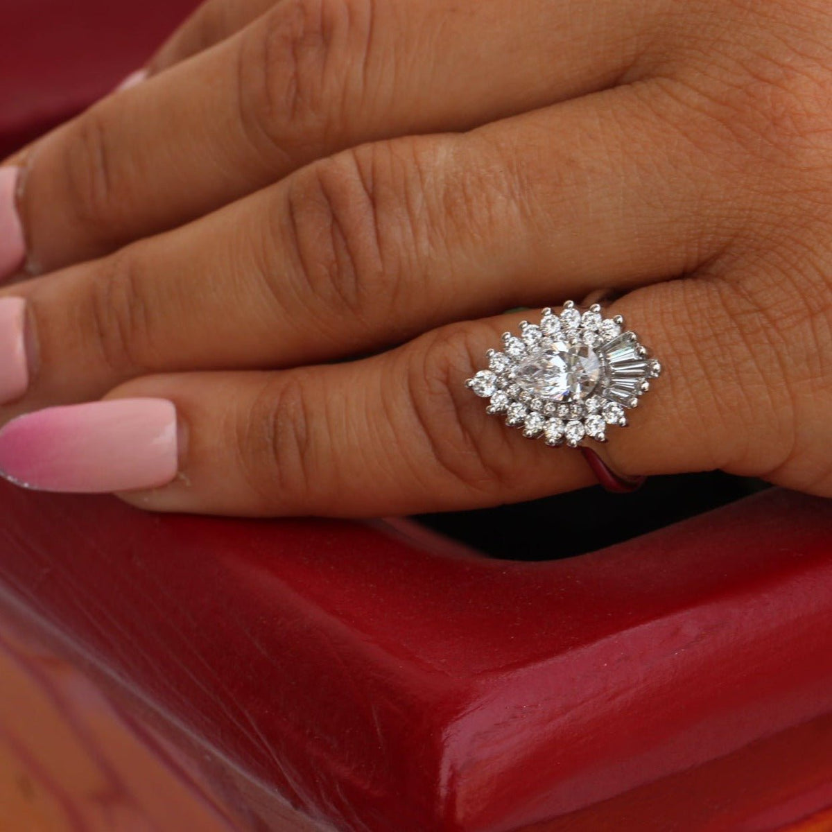 Pear Cut Diamond Starburst Ring in 14K - Side View