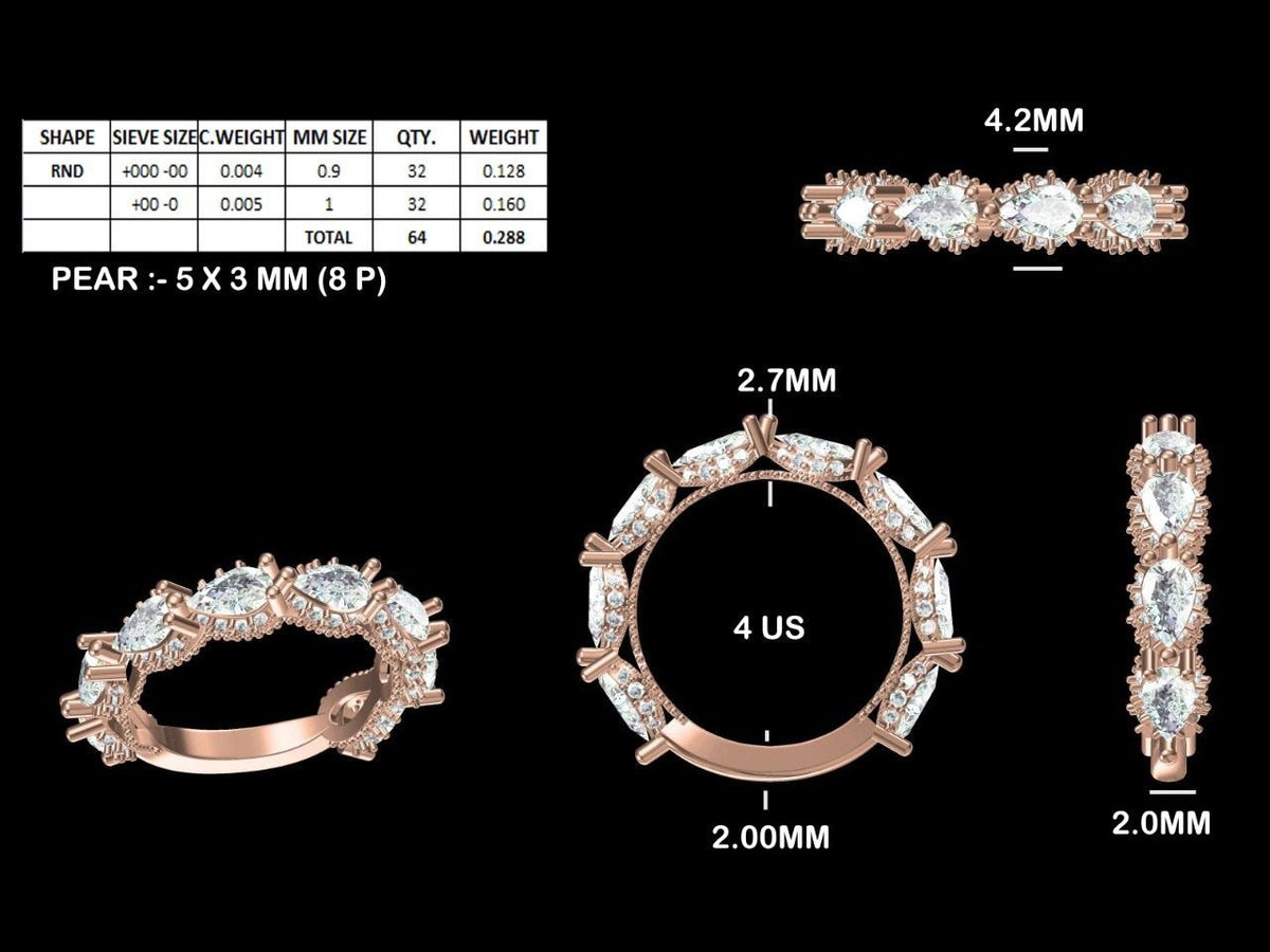 Pear Cut Half Eternity Wedding Lab Grown Diamond Band - Ring on Hand View